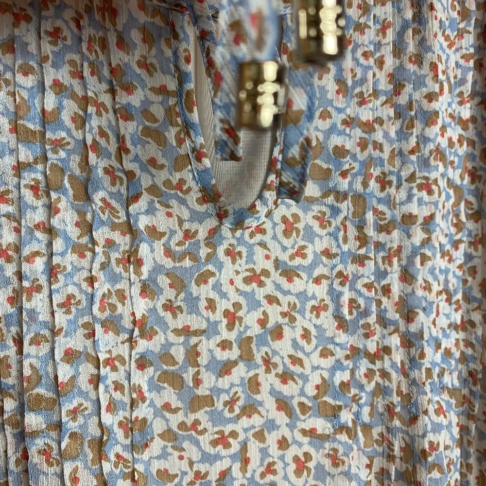 Tommy Hilfiger Womenʻs 3/4 Sleeve Pleated Tan | Blue Floral Lined Blouse XL